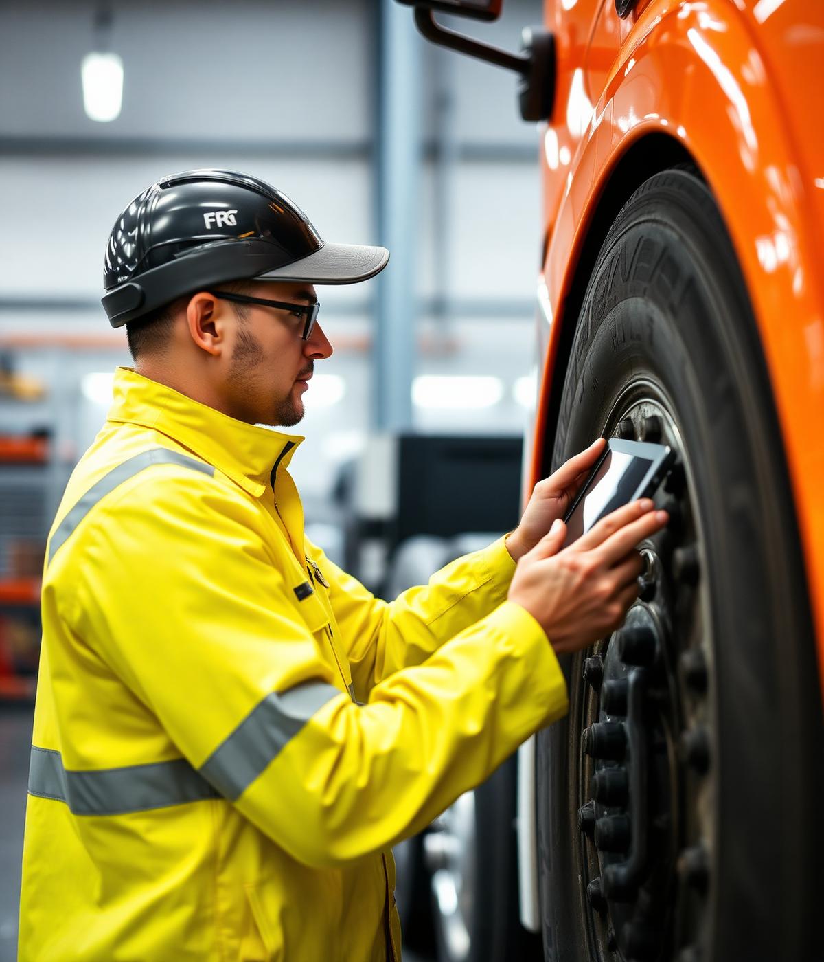 Ingeniero inspeccionando llanta de camión